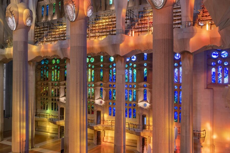 Stained glass throwing colour across the Sagrada Fam&iacute;lia